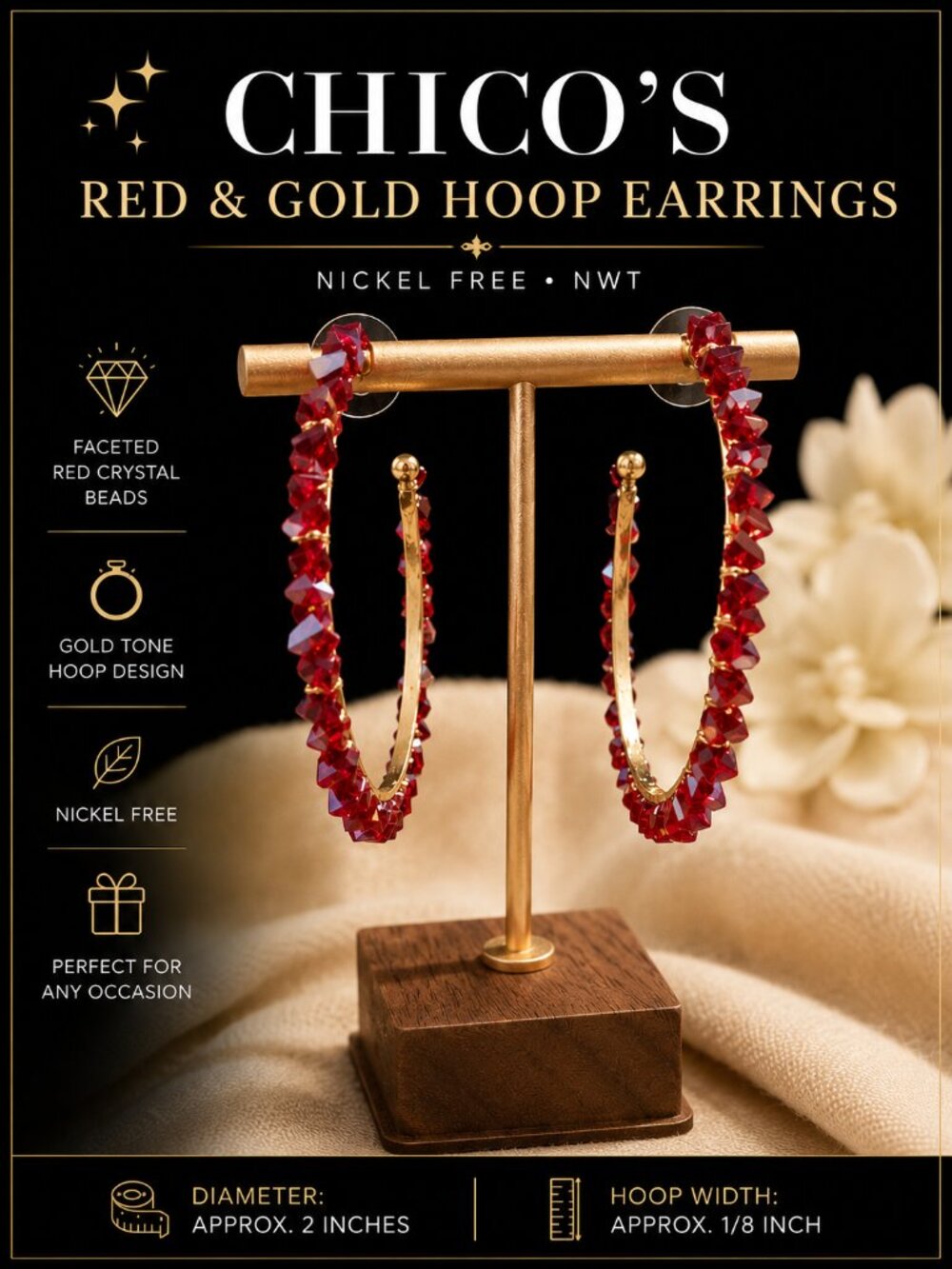 Chico's Red Crystal Gold Tone Hoop Earrings – NWT
